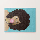 黒人女性，ピンクのバブルガム，天然毛，青 ジグソーパズル (横)