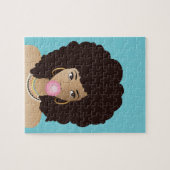 黒人女性，ピンクのバブルガム，天然毛，青 ジグソーパズル (横)