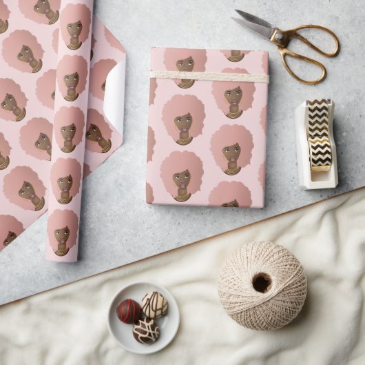 黒人女性，ピンクアフロ，ナチュラルヘア，ピンク ラッピングペーパー (クラフト)