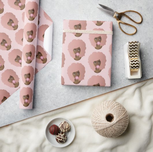 黒人女性,ピンクアフロ,ピンクバブルガム,ピンク ラッピングペーパー (クラフト)