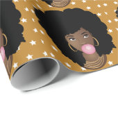 黒人女性，ピンクバブルガム，白い星，金ゴールド ラッピングペーパー (ロールコーナー)