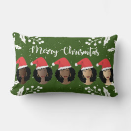 黒人女性，メリークリスマスサンタハット，緑 ランバークッション