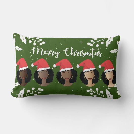 黒人女性，メリークリスマスサンタハット，緑 ランバークッション (正面)