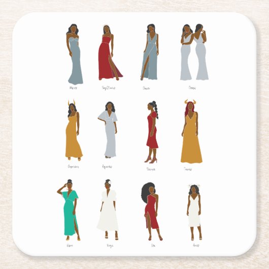 黒人女性〔占星術の〕十二宮図占星術 スクエアペーパーコースター (正面)