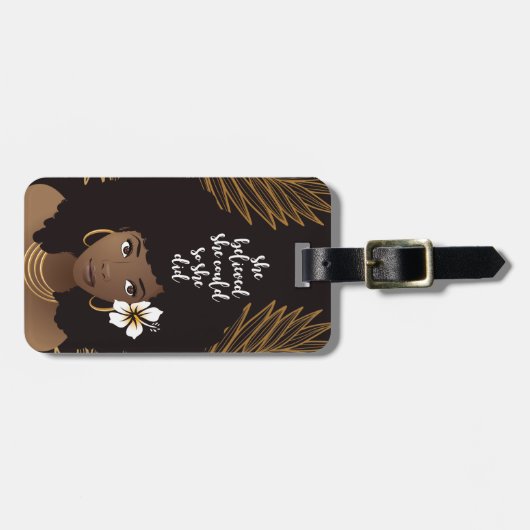 黒人女性、彼女は信じ出来る、金ゴールドと黒 ラゲッジタグ (正面横)
