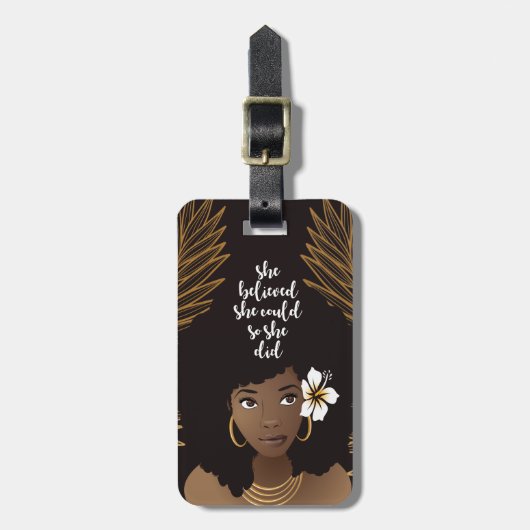 黒人女性、彼女は信じ出来る、金ゴールドと黒 ラゲッジタグ (正面縦)
