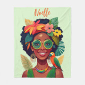 黒人女性、熱帯花とオウム フリースブランケット (正面)