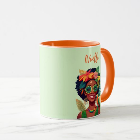 黒人女性、熱帯花とオウム マグカップ (正面右)