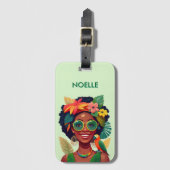 黒人女性、熱帯花とオウム ラゲッジタグ (正面縦)