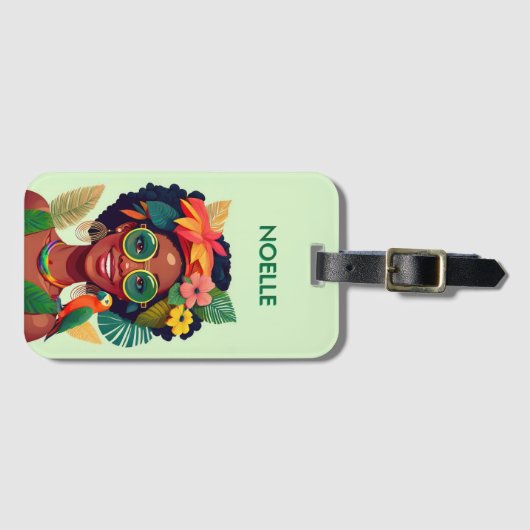 黒人女性、熱帯花とオウム ラゲッジタグ (正面横)