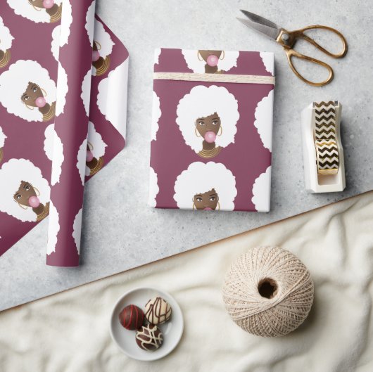 黒人女性，白アフロピンクバブルガム，紫 ラッピングペーパー (クラフト)