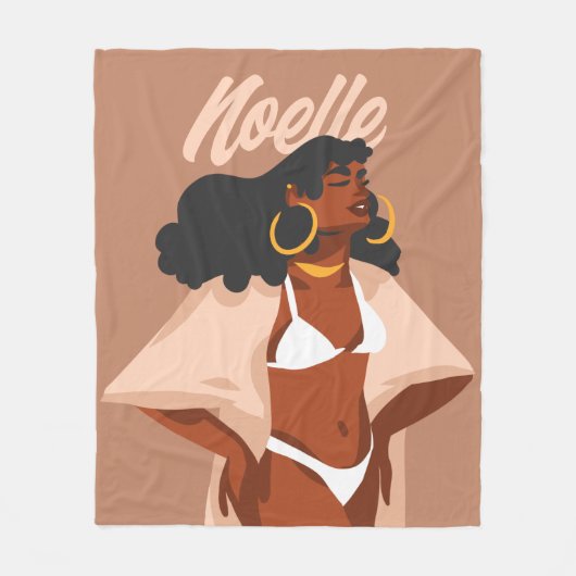 黒人女性,白ビキニ,ビーチ準備完了 フリースブランケット (正面)