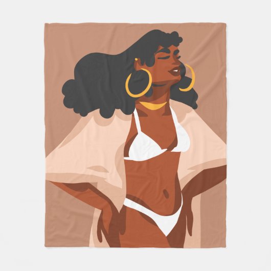黒人女性,白ビキニ,ビーチ準備完了,ブラウン フリースブランケット (正面)