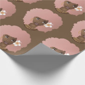 黒人女性、花とピンクのアフロブラウン ラッピングペーパー (角)