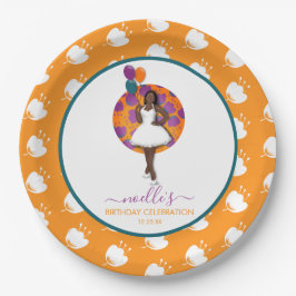 黒人女性，誕生日風船と花，オレンジ ペーパープレート