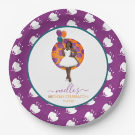 黒人女性，誕生日風船と花，紫 ペーパープレート