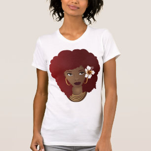 黒人女性、赤いアフロ、彼女の自然な髪の花 Tシャツ
