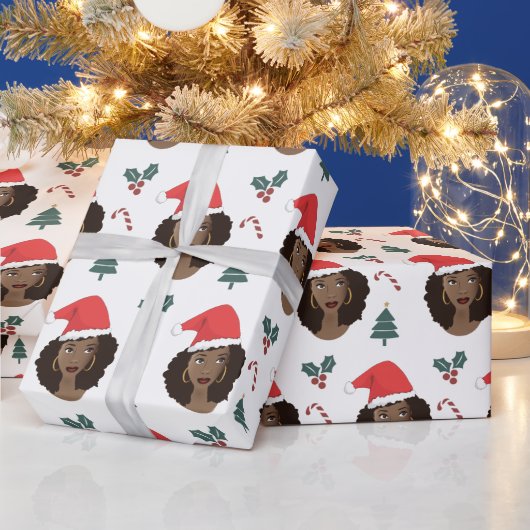 黒人女性，赤いサンタハット，クリスマスパターン ラッピングペーパー (クリスマス)