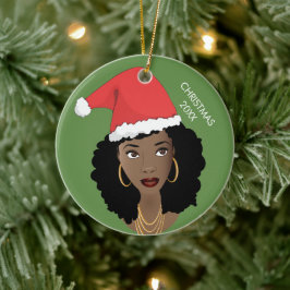 黒人女性，赤いサンタハット，現在の年，緑 セラミックオーナメント
