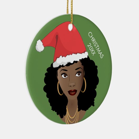 黒人女性,赤いサンタハット,現在の年,緑 セラミックオーナメント (右)