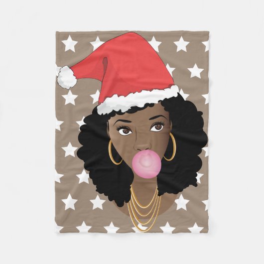 黒人女性，赤サンタハット，バブルガム，白い星 フリースブランケット (正面)
