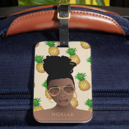 黒人女性，金ゴールドの色合い，パイナップルパターン，ベージュ ラゲッジタグ