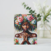 黒人女祈フローラカラフルアート ポストカード (スタンド正面)