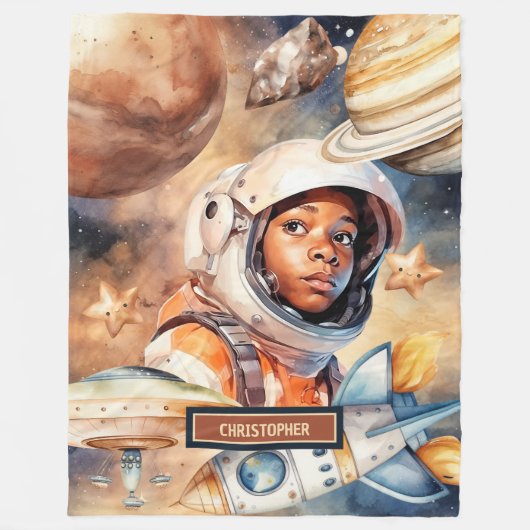黒人少年のための宇宙飛行士ブランケットかわいい宇宙ギフト フリースブランケット (正面)