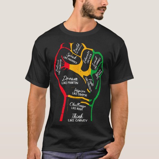 黒人指導者のパワーフィスト ブラック Tシャツ (正面)