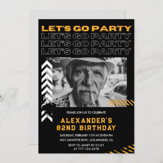 黒人男行くぞパーティー82歳の誕生日 招待状 (正面/裏面)