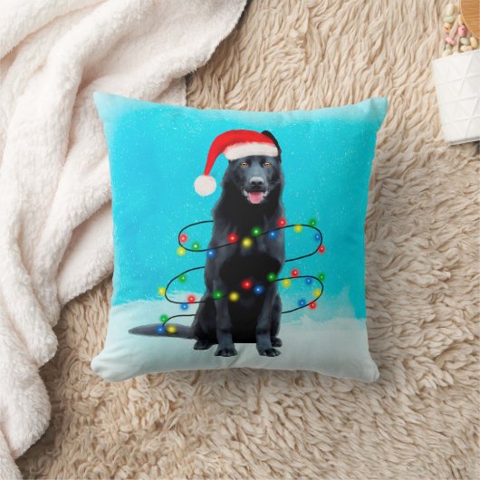 黒人羊飼い犬の灯り付き雪 クッション (ブランケット)