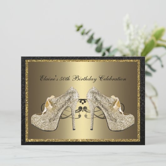 黒人金ゴールドハイヒール50番目の女性の誕生日招待状 招待状 (スタンド正面)