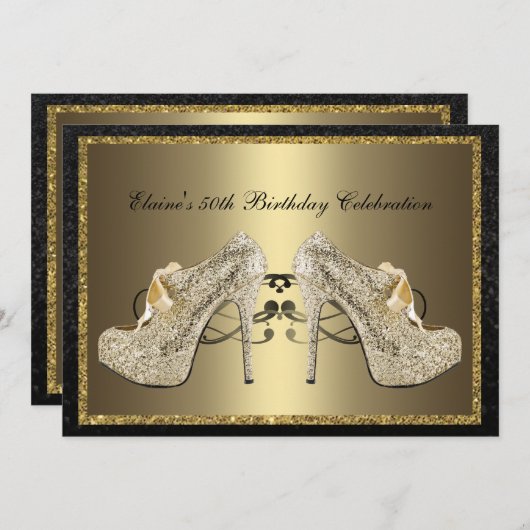 黒人金ゴールドハイヒール50番目の女性の誕生日招待状 招待状 (正面/裏面)
