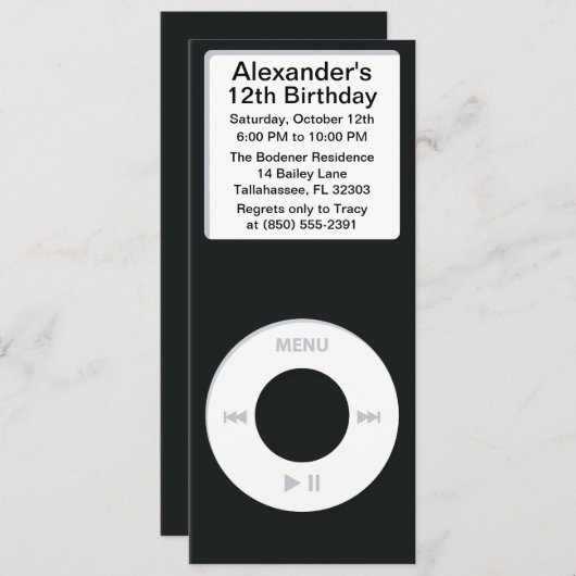 黒人MP3プレーヤーのiParty誕生パーティー 招待状 (正面/裏面)