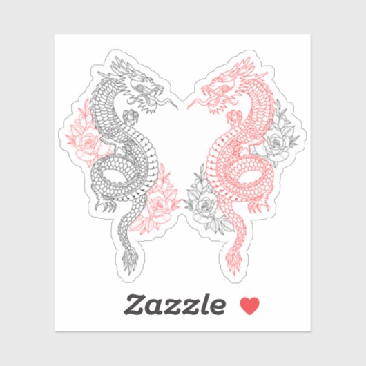 黒伝統的ドラゴンと赤ドラゴンとバラ シール (シート)