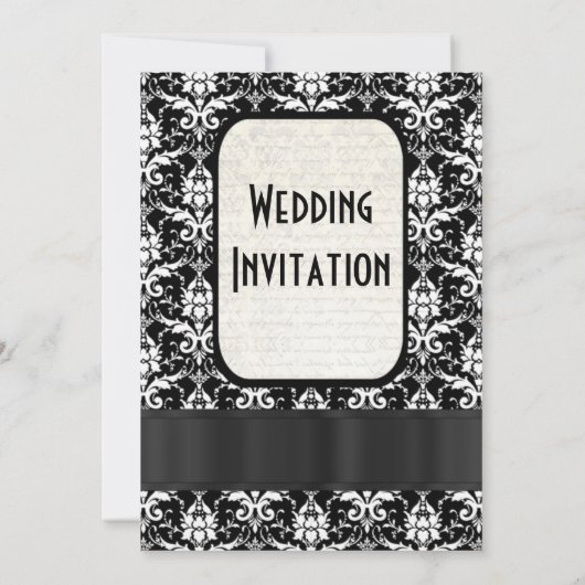 黒伝統的フォーマル白ダマスク結婚式 招待状 (裏面)