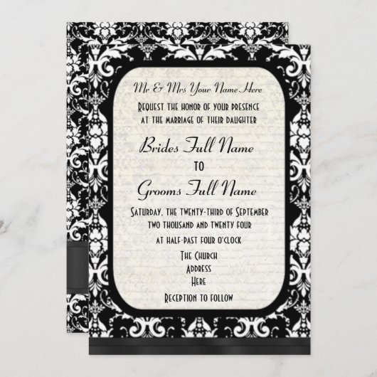 黒伝統的フォーマル白ダマスク結婚式 招待状 (正面/裏面)