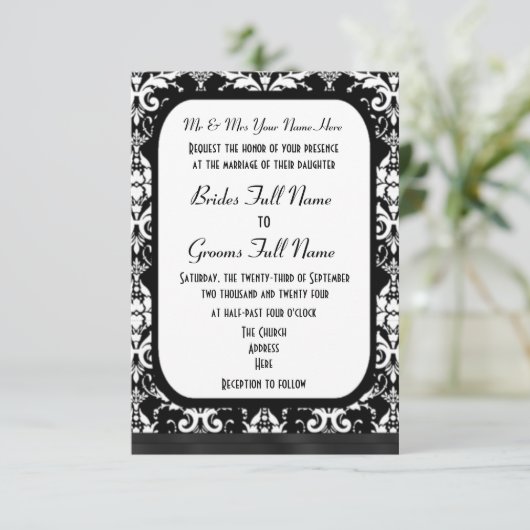 黒伝統的フォーマル白ダマスク結婚式 招待状 (スタンド正面)