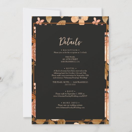 黒伝統的フローラオールインワンボー結婚ズ 招待状 (裏面)