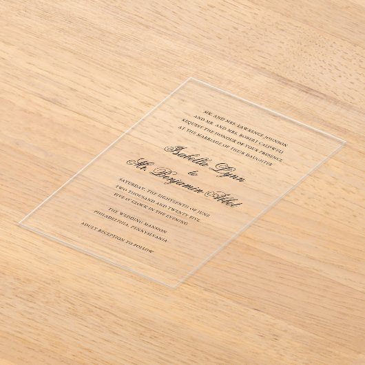 黒伝統的白エレガフォーマルントウェディング アクリル招待状 (レイダウン)