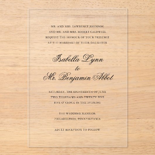 黒伝統的白エレガフォーマルントウェディング アクリル招待状 (正面)