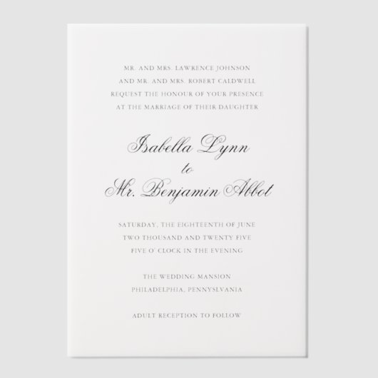 黒伝統的白エレガフォーマルントウェディング ベラム紙招待状 (正面)