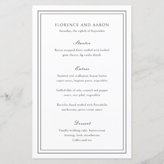 黒伝統的白タイムレス結婚のメニュー (正面)