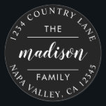 黒円形スクリプト オリジナルの差出人住所を作成 ラウンドシール<br><div class="desc">背景色を変更可能。オリジナルの差出人住所シールを作成。</div>