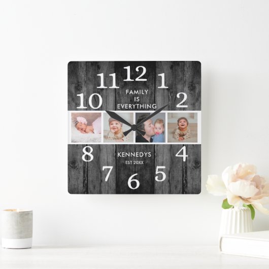 黒再生素朴木材4フォトファミリー引用文 スクエア壁時計 (ホーム)
