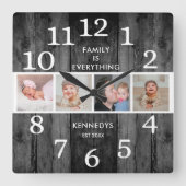 黒再生素朴木材4フォトファミリー引用文 スクエア壁時計 (正面)