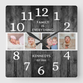 黒再生素朴木材4フォトファミリー引用文 スクエア壁時計