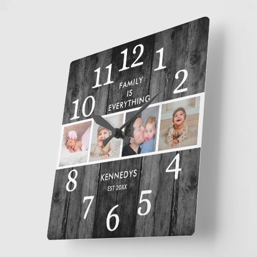 黒再生素朴木材4フォトファミリー引用文 スクエア壁時計 (傾斜)