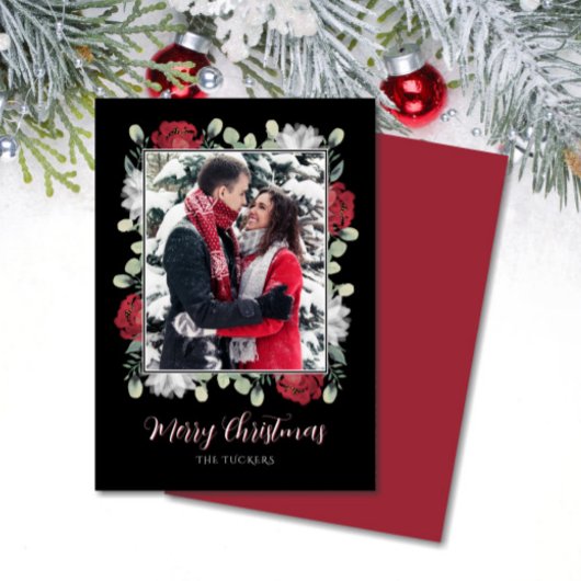 黒写真エレガントのクリスマスに赤い白のフローラ シーズンカード