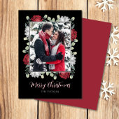 黒写真エレガントのクリスマスに赤い白のフローラ シーズンカード